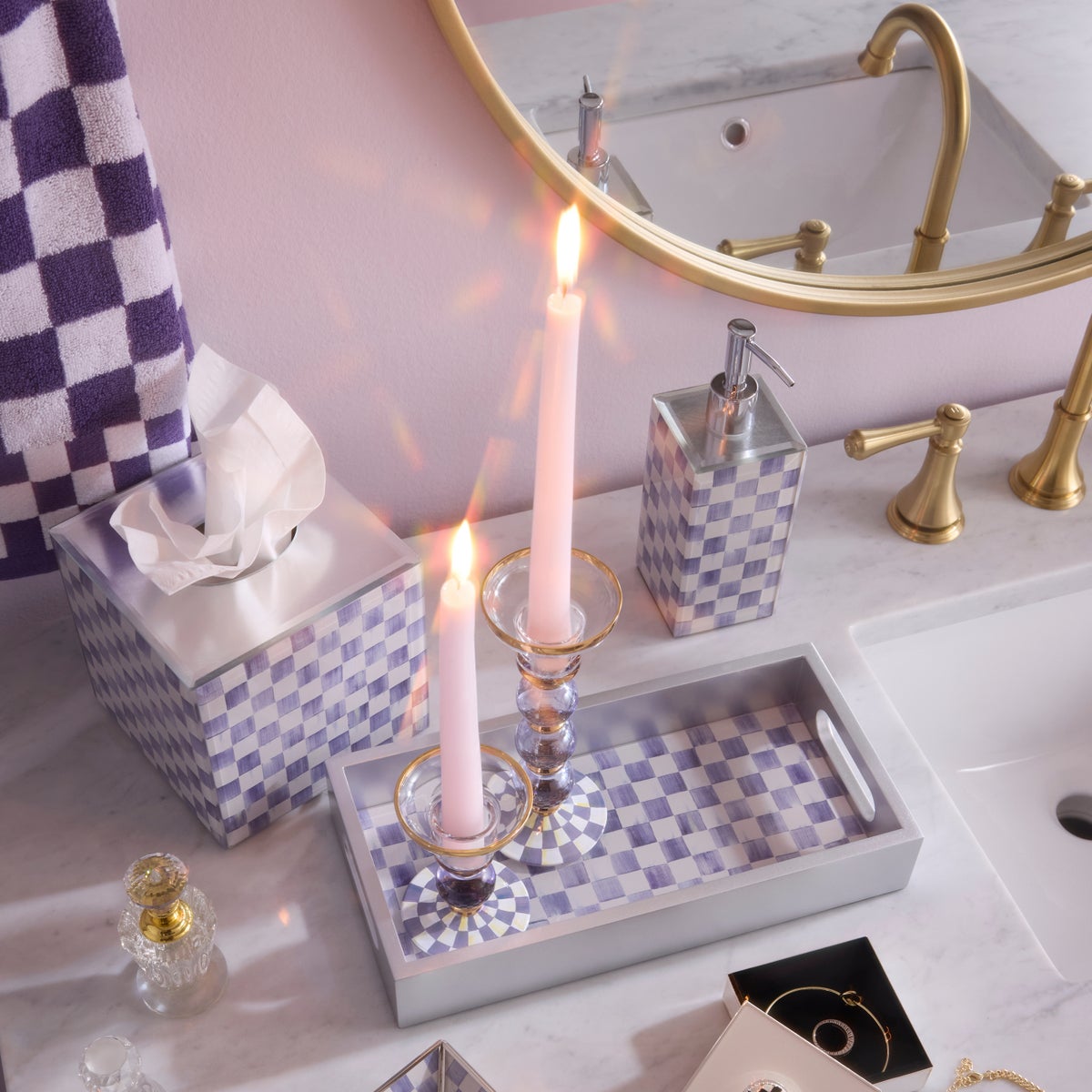 Violet Check Large Glass Candlestick - Image 2