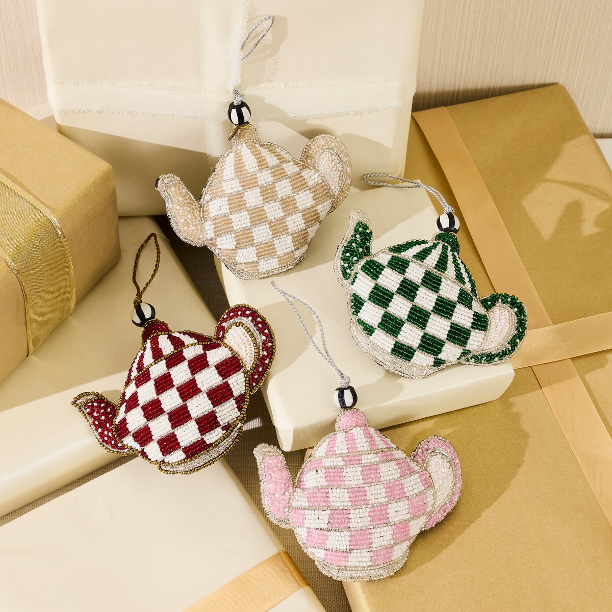 Emerald Check Teapot Beaded Ornament - Image 2