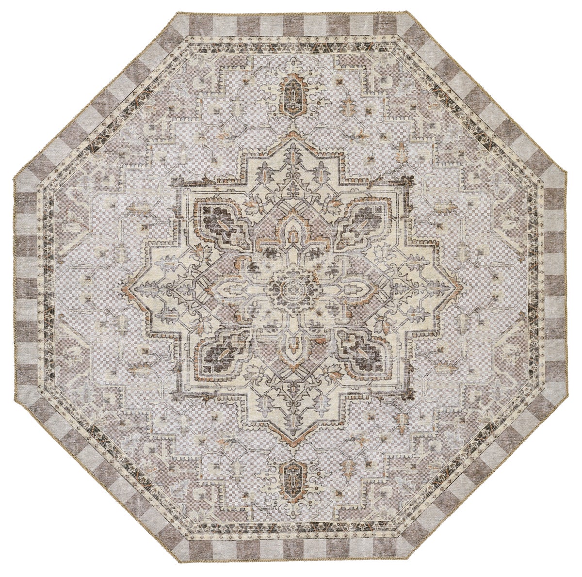 Heriz Checked Mocha 6' Octagon Washable Rug