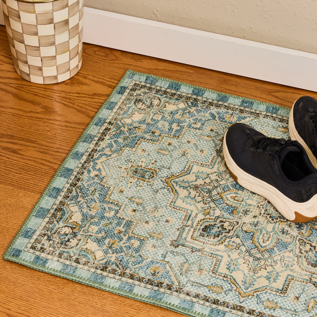 Heriz Checked Aqua 2'6" x 10' Washable Runner - Image 2