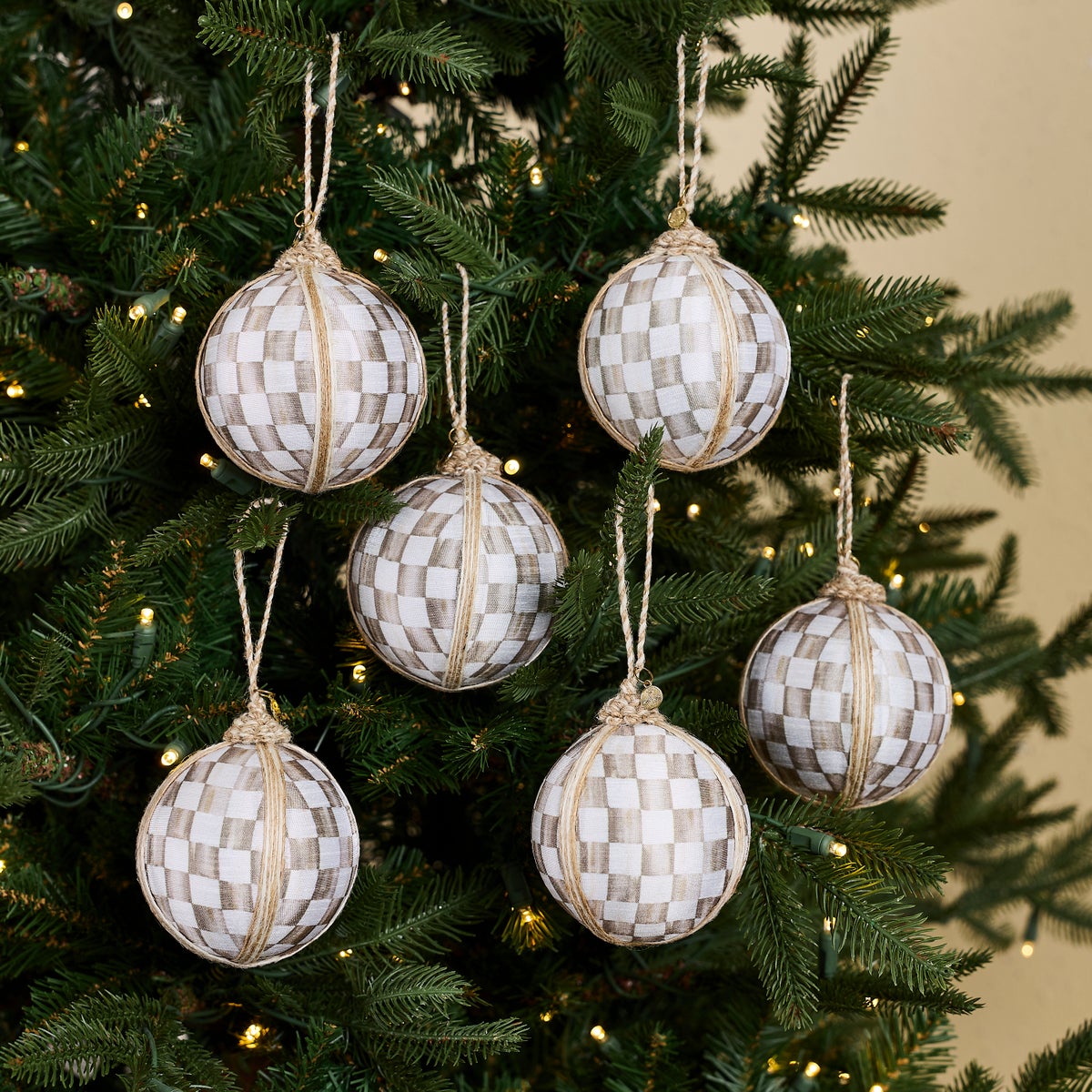 Mocha Check Fabric Medium Ball Ornaments, Set of 6 - Image 2