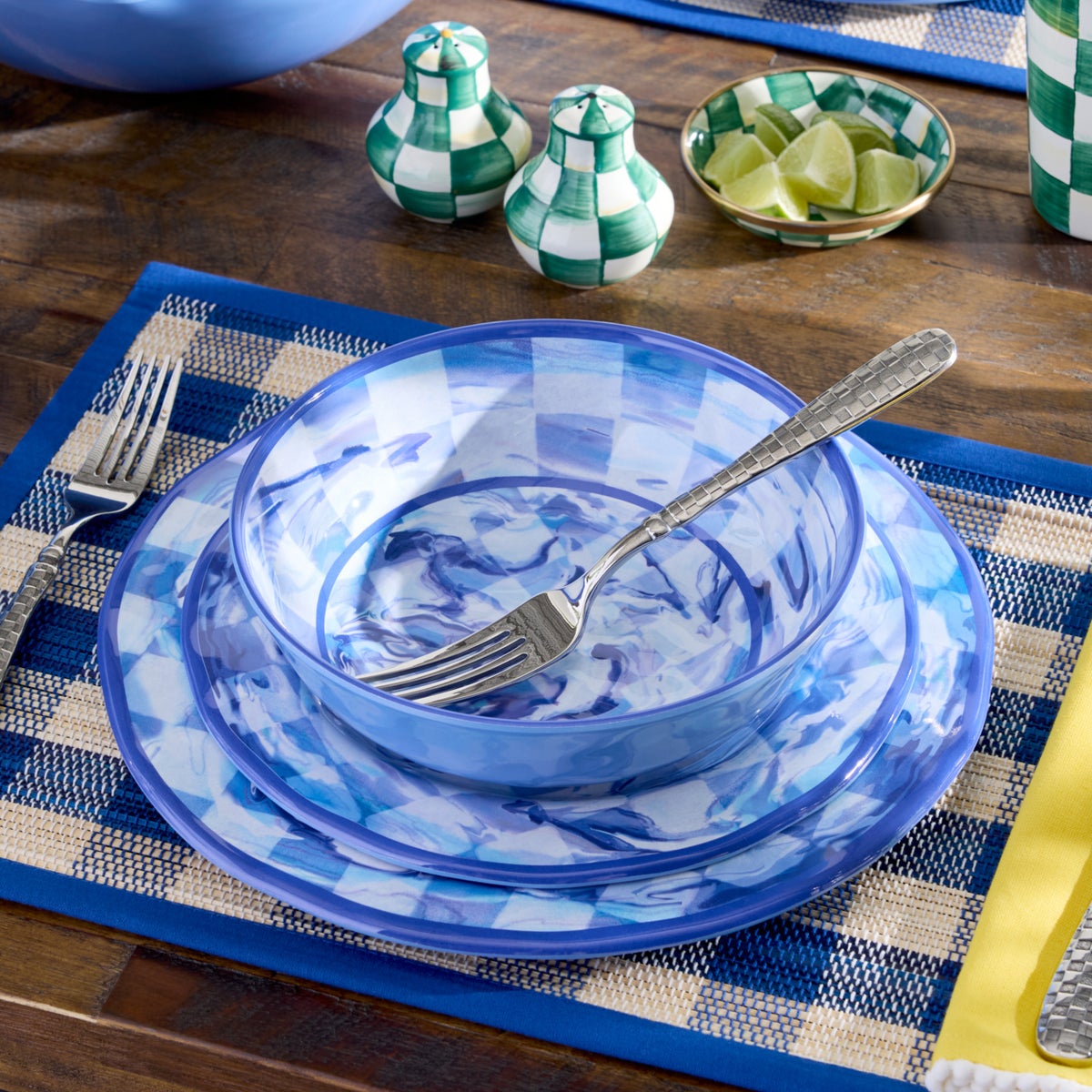 Blue Marble Check Melamine Dinner Plates, Set of 4 - Image 2