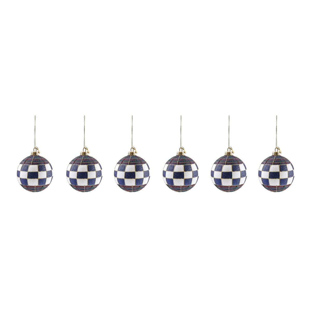Navy Tartan Glass Ball Ornaments, Set of 6