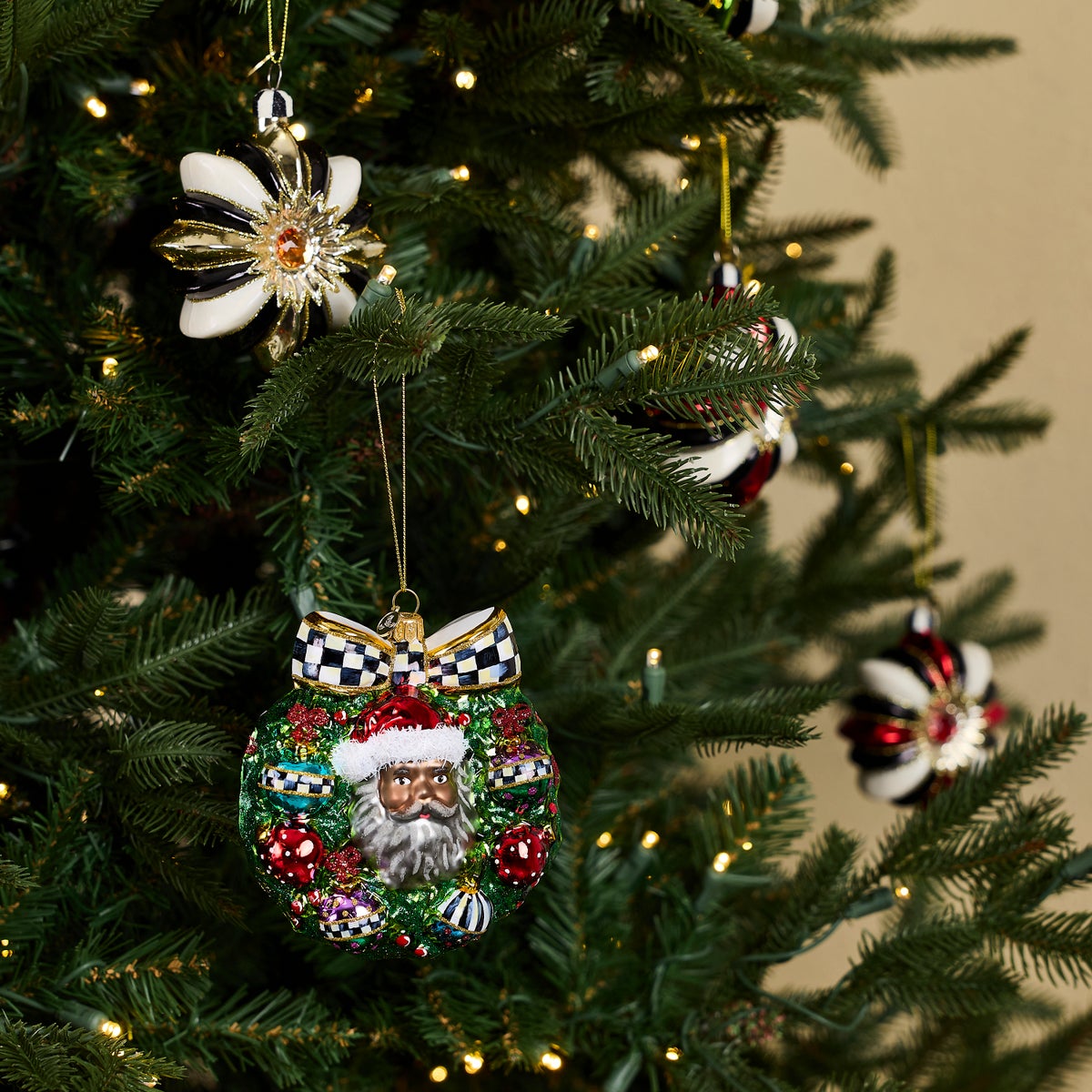 2026 Black Santa Wreath Glass Ornament - Image 2