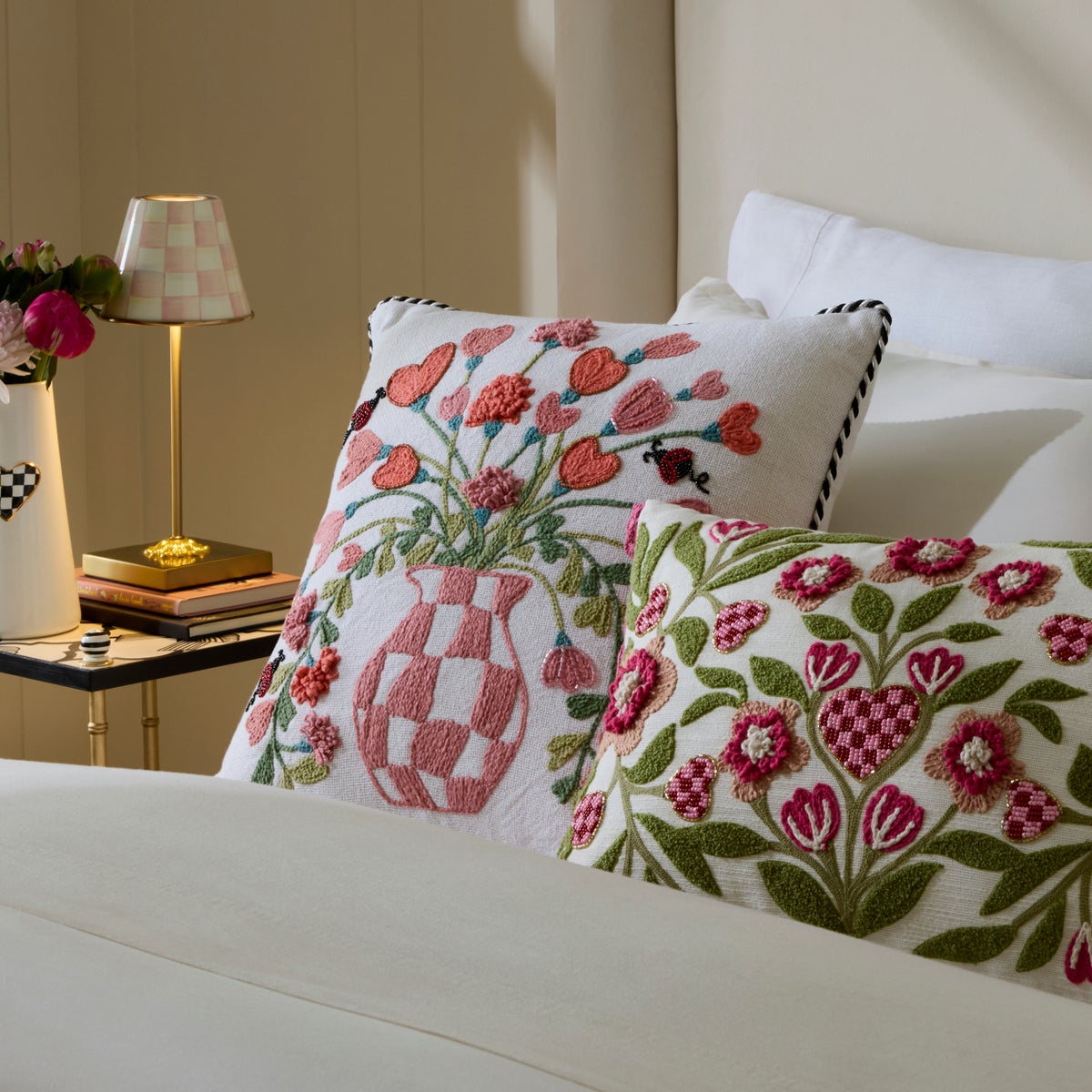 Pink Check Hearts Bouquet Throw Pillow - Image 2